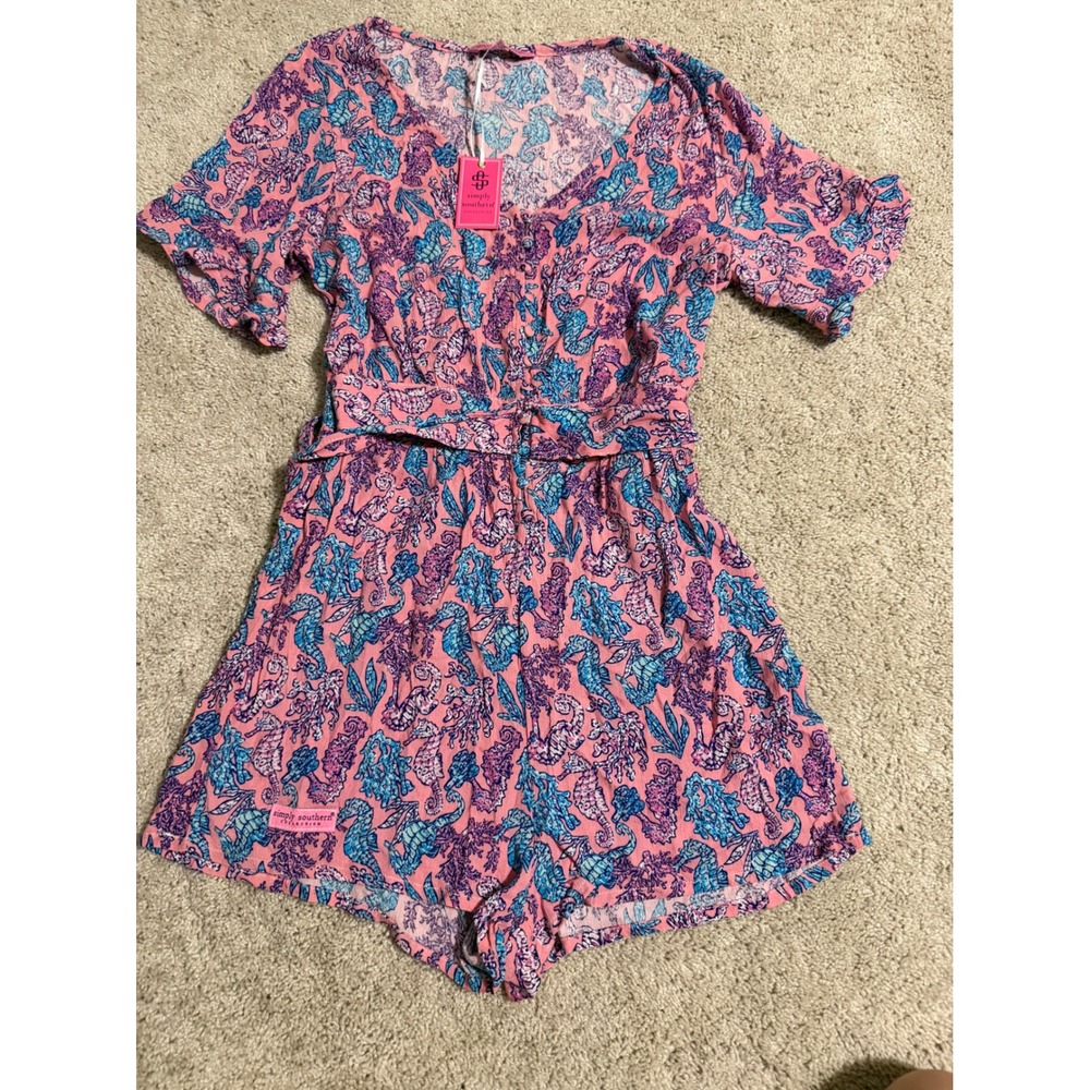 Simply Southern Pink Seahorse Print Romper V-Neck Button Front Small NEW